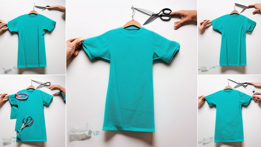 Create an image of someone creatively transforming an old T-shirt into a handy, reusable towel. The process is shown step-by-step in a bright, well-lit environment. The T-shirt design is clearly visib