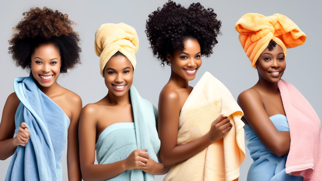 Create an image of an attractive selection of hair towels designed specifically for curly hair. Show various luxurious towels in vibrant colors and soft textures. Include some curly hair care accessor