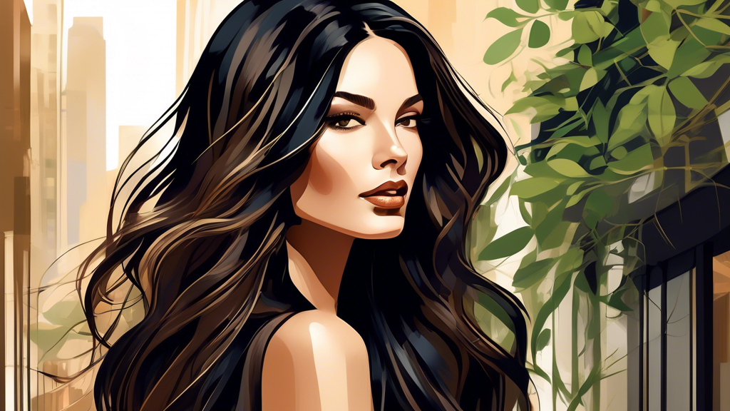 A fashionable woman with stunning long black hair featuring intricate brown and blonde highlights, styled in loose waves. She is set against a chic, modern urban background with hints of greenery, exu