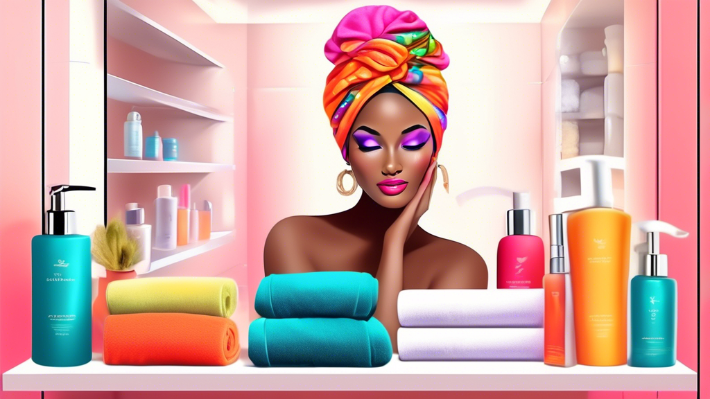 Create an image of a fashionable woman wearing a chic hair turban wrap in an elegant bathroom setting. Highlight various vibrant turban designs on a shelf in the background. Emphasize the practicality