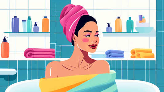 Create an image of a woman standing in a modern, well-lit bathroom with a variety of colorful hair towel wraps on the counter. She has one wrapped around her wet hair and looks relaxed and happy. The 