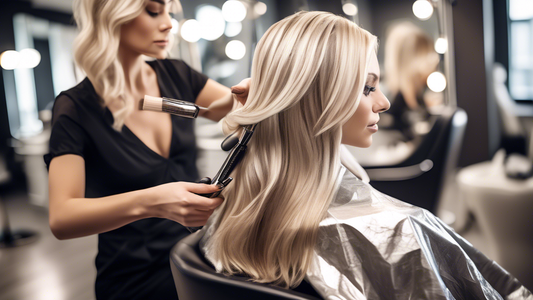 Create an image of a woman in a modern, bright salon, sitting in a chair with her hair partially wrapped in foils, a skilled hairstylist applying a subtle ash blonde color to her hair. The setting sho