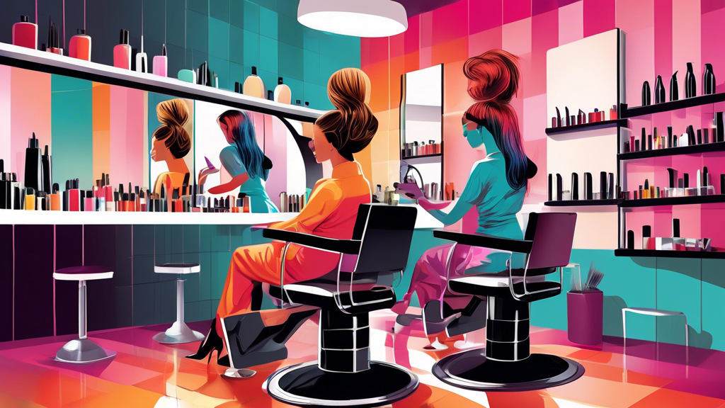 Create an image of a skilled cosmetologist carefully applying hair tint to a client's hair in a modern, chic salon. The scene should show a variety of colorful hair dyes, brushes, and other tools of t