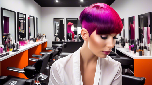 Create a high-resolution image of a vibrant and modern salon with a hairstylist using Framar color brushes to apply hair dye on a client's hair. The image should show the hairstylist's tools organized