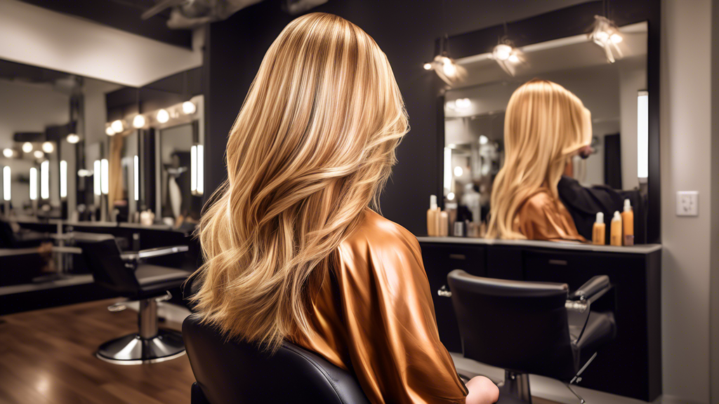 Create a vibrant, high-fashion salon scene where a hairstylist applies caramel foils to a client's blonde hair. The environment should feel modern and luxurious, with sleek salon chairs and sophistica