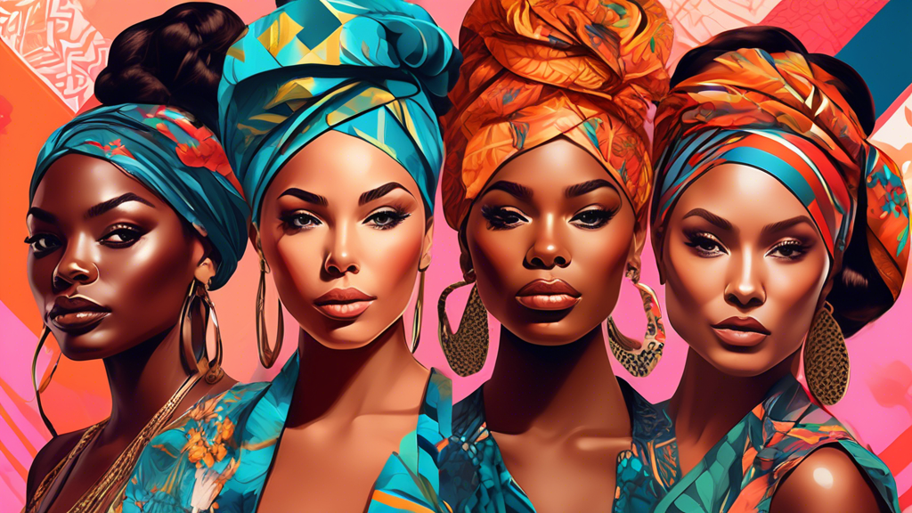 Create an image featuring a diverse group of women showcasing various stylish hair wraps in vibrant colors, intricate patterns, and different wrapping techniques. They are in a modern, chic setting wi