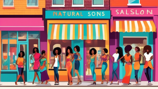 An inviting urban street scene featuring a diverse array of natural hair salons with vibrant storefronts. Each salon showcases different styles and services for natural hair through colorful signs and