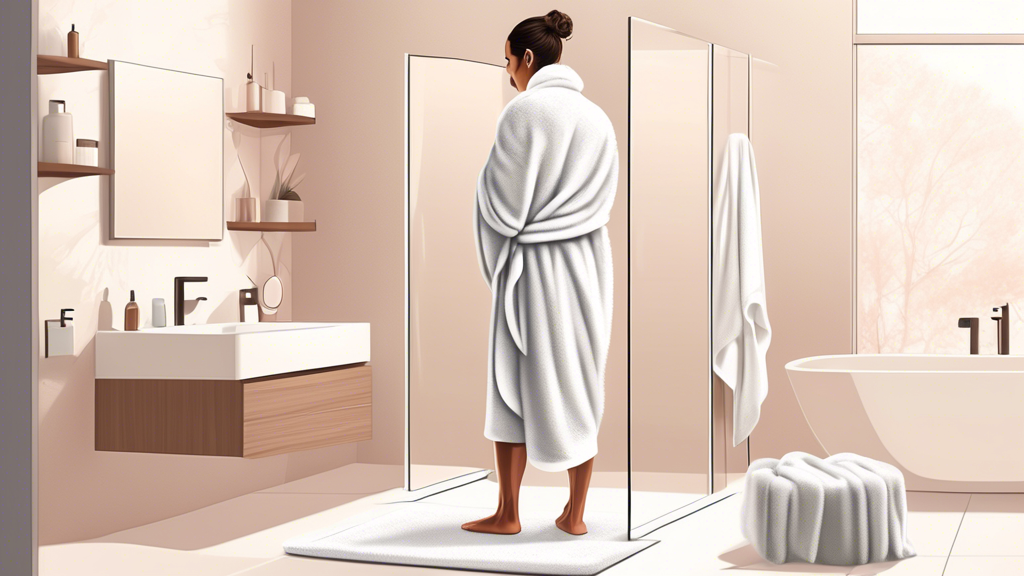 Create an illustration of a person standing in a clean, modern bathroom, expertly wrapping a soft, plush towel around their body. Showcase multiple steps of the towel-wrapping process using subtle, gh