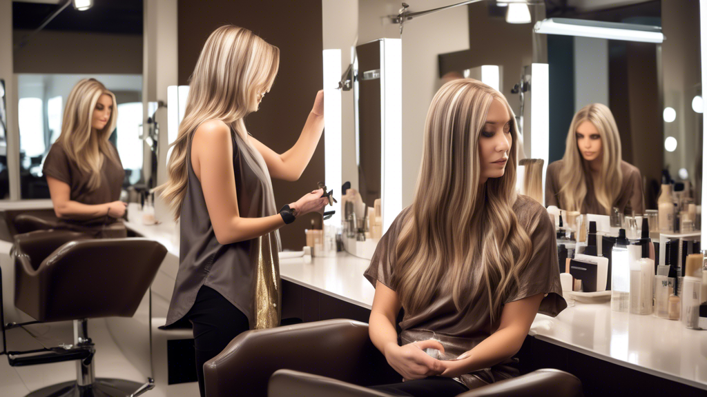 A woman with medium-length brown hair sitting in a modern, well-lit salon. A stylist carefully applies ash blonde foils to her hair. The woman's hair blends seamlessly from the rich brown to stunning 