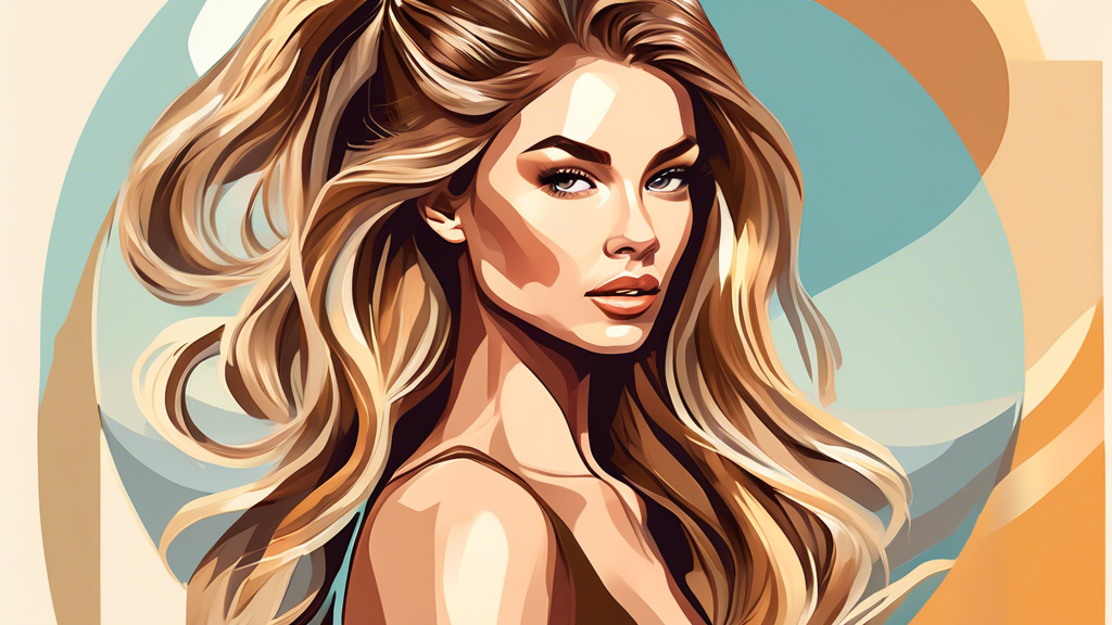 Create an image of a woman with brown hair featuring blonde highlights, styled in various trendy ways. The styles include beachy waves, a sleek straight look, a braided crown, and a high ponytail. The