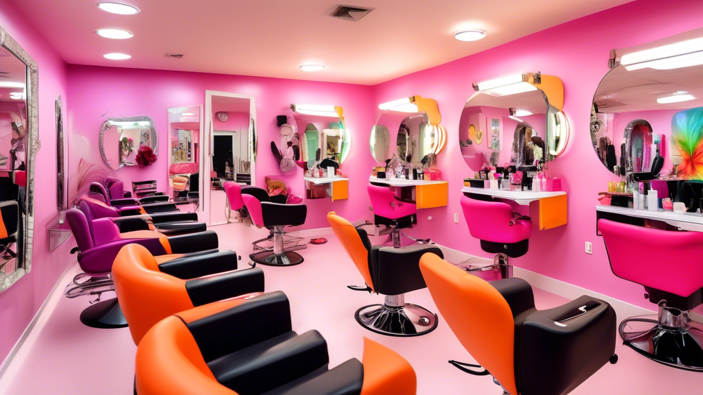 A vibrant beauty salon classroom filled with students practicing hairdressing, makeup application, and nail art techniques under the guidance of experienced instructors. Stylish and modern, with mirro