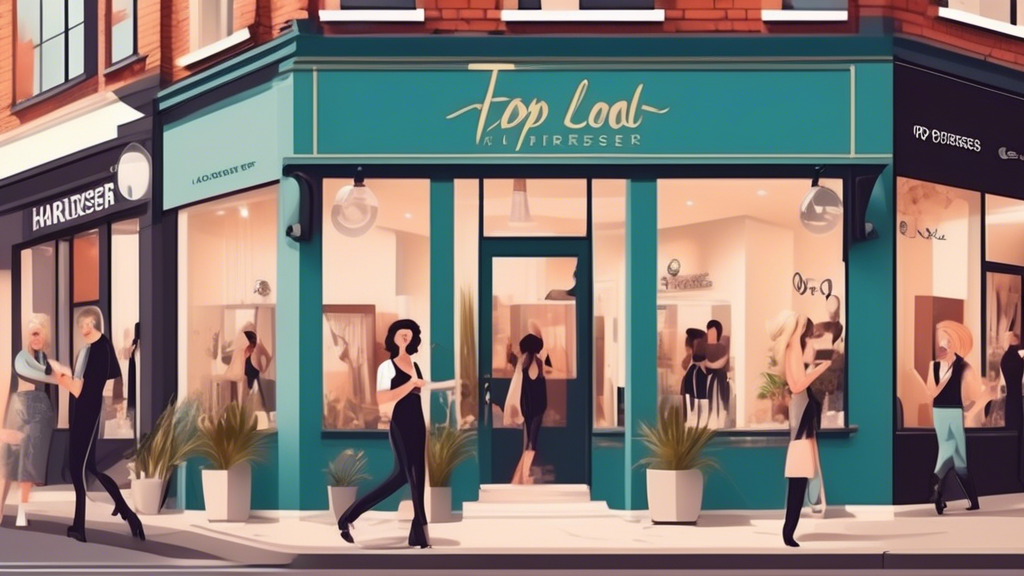 Create a vibrant and welcoming street scene featuring a stylish hair salon with a sign that says Top Local Hairdressers above the entrance. In the foreground, show well-groomed and happy customers wal