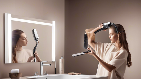 Create an image of a modern, stylish bathroom setting with an elegant mirror and sink, featuring the Aquis Flip Hair Drying Tool prominently displayed on the counter. Show a person with wet hair using