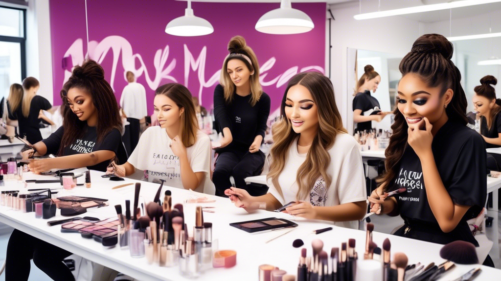 An inviting and bustling makeup school campus with enthusiastic students practicing makeup techniques in a modern, bright studio. The scene includes diverse individuals at workstations applying makeup