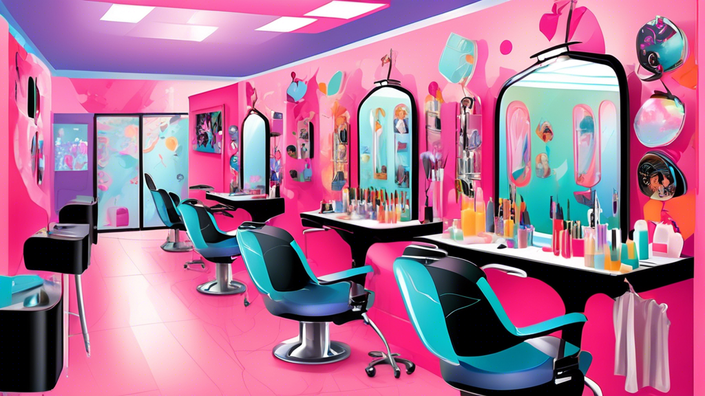 Create an image of a bustling beauty academy, with students practicing hairdressing, makeup, and nail art in modern, stylish classrooms. Include diverse students and instructors, detailed beauty equip