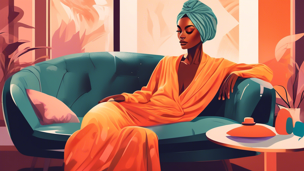 Create an image of a woman with wet hair wrapped in a luxurious Aquis turban, lounging comfortably on a chic sofa in a modern, cozy living room. The setting should include soft furnishings, warm light