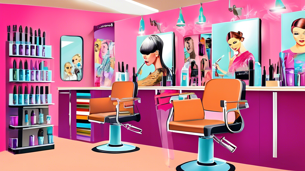 Create an engaging illustration featuring a collection of cosmetology tools and textbooks on a modern salon workstation, highlighting a prominently displayed copy of the Milady Standard Cosmetology te