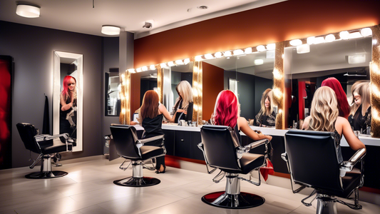 Create an image of a modern, vibrant hair salon where a stylist is applying foil highlights to a client's hair. The client looks excited and is seated in a stylish salon chair with a large mirror in f