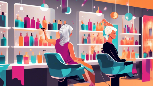 A vibrant salon scene where a stylish hairdresser is applying blonde foils to a client's grey hair, with the client sitting comfortably and looking excited. The background features modern decor, mirro