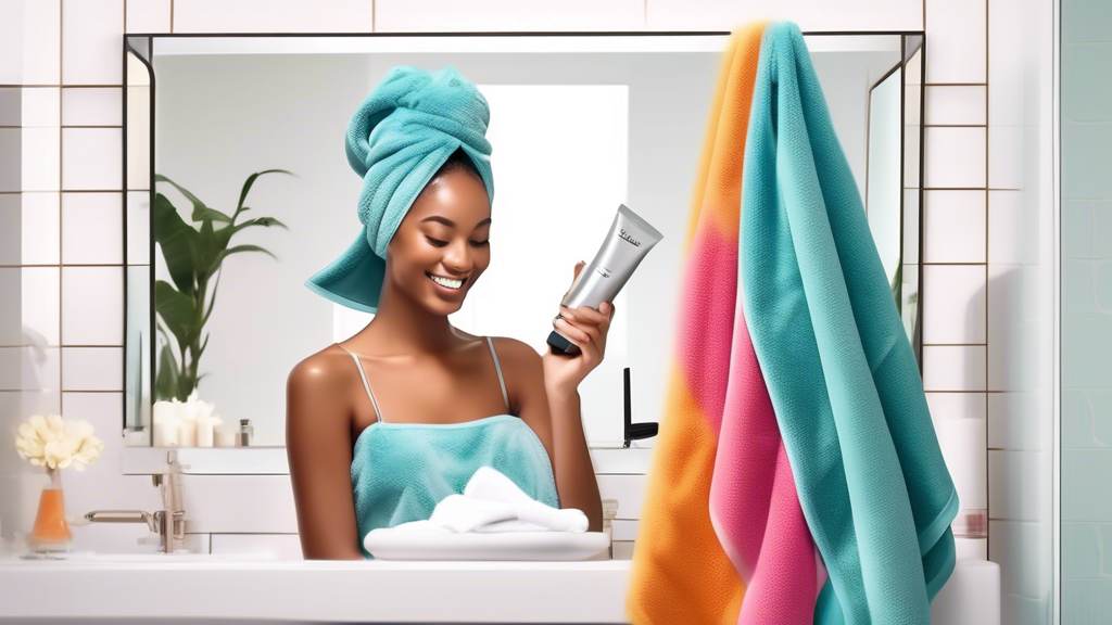 Create an image of a stylish, modern bathroom with a person happily using the Volo Hero Microfiber Hair Towel. The towel should look soft and luxurious, with its microfiber texture clearly visible. Th