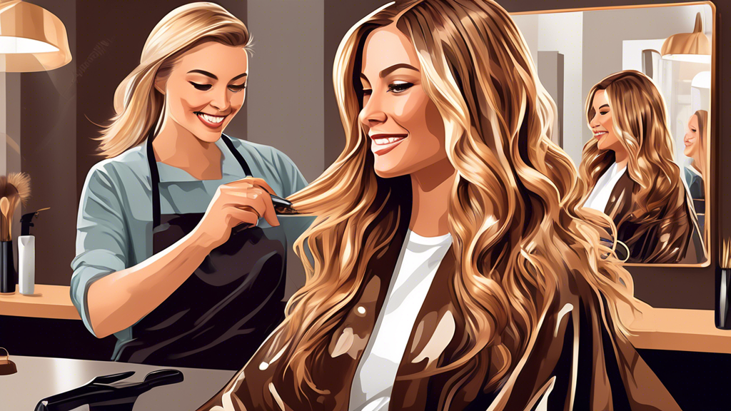 Create a detailed and vibrant illustration of a professional hair salon setting where a hairstylist is applying 'bronde' (brown and blonde) foils to a client's hair. The stylist is meticulously workin