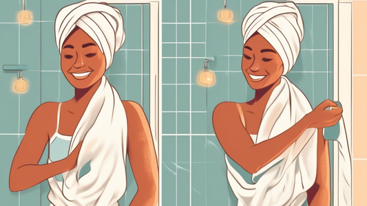 A detailed illustration of a person standing in a bathroom with a mirror, perfectly tying a towel turban on their head step by step. The bathroom has modern decor with soft lighting, and the person is