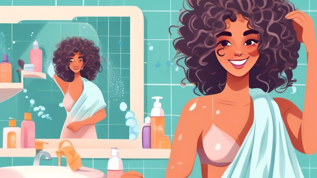 Create a detailed illustration of a person with curly hair demonstrating the step-by-step process of plopping hair with a towel. Show the individual with wet hair, using a soft microfiber towel, and w