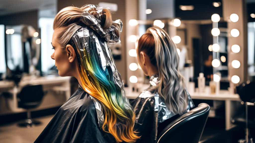 Create an image of a person in a stylish salon, having their hair dyed by a professional stylist. The stylist is using aluminum foil to wrap sections of the person's hair, showcasing the process of ap