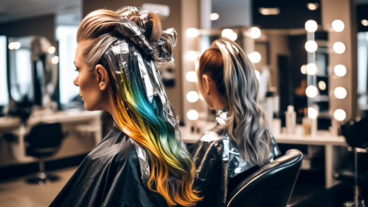 Create an image of a person in a stylish salon, having their hair dyed by a professional stylist. The stylist is using aluminum foil to wrap sections of the person's hair, showcasing the process of ap