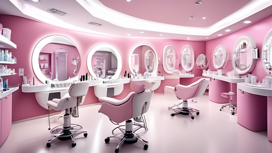 Create an image of a modern, high-tech beauty training center where advanced estheticians and cosmetologists are learning and practicing advanced skincare treatments. Portray a range of activities inc