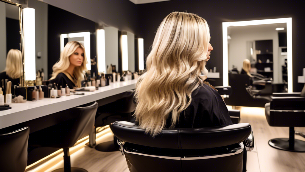 Create an image of a woman with dark roots and expertly placed blonde foils in her hair, sitting in a modern, stylish salon. The setting should include sleek furniture, a large mirror with warm lighti