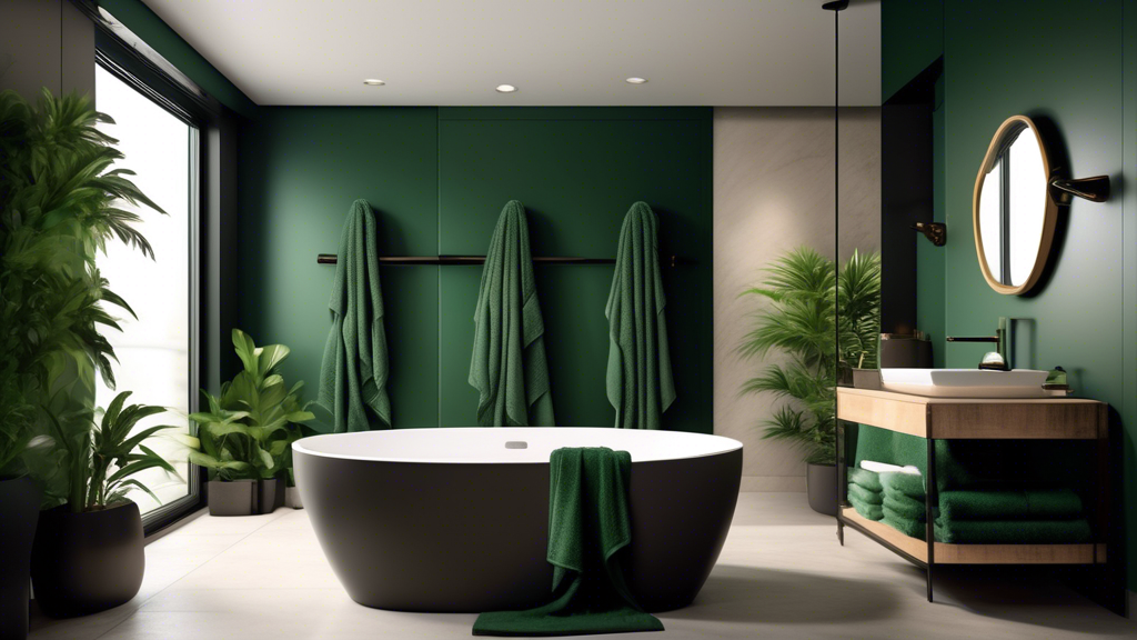 Create an image of a serene, stylish bathroom with a touch of modern elegance, featuring a selection of dark green towels displayed on a fancy rack and hanging neatly beside a luxurious bathtub. The t