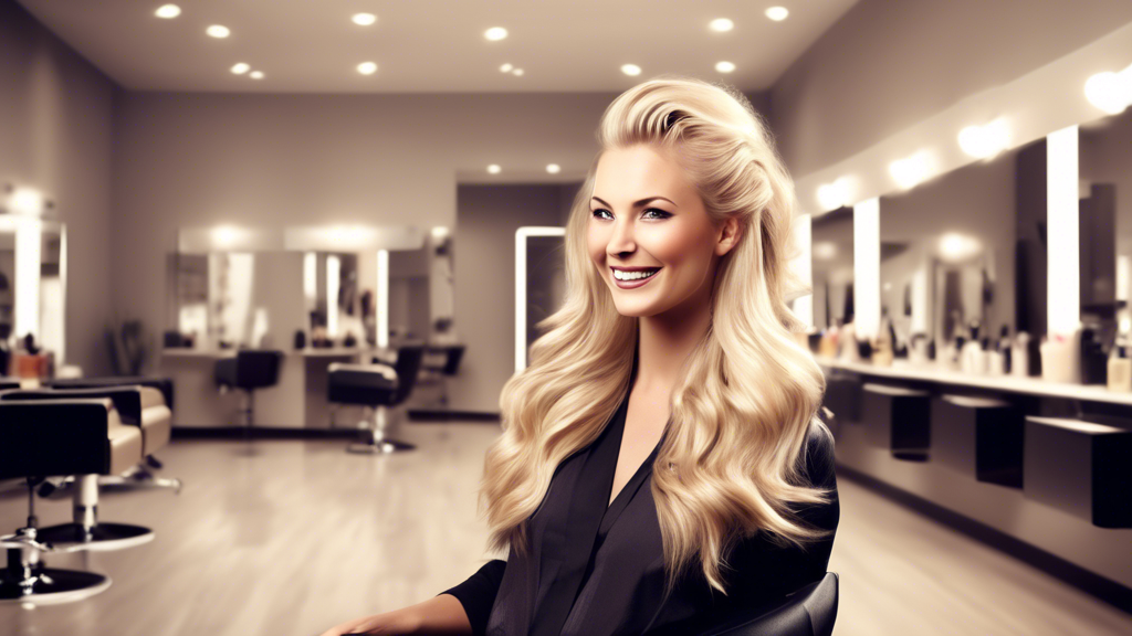 Create an image of a brightly lit, stylish hair salon with a chic, modern design. The focus should be on a talented hairdresser with blonde hair, expertly styling a client's hair. The hairdresser shou