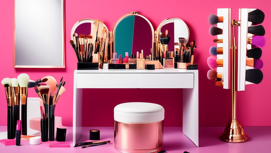 Create an image of a stylish vanity table adorned with an assortment of root touch-up brushes in various shapes and sizes. The scene should include vibrant hair color swatches, instructional booklets,