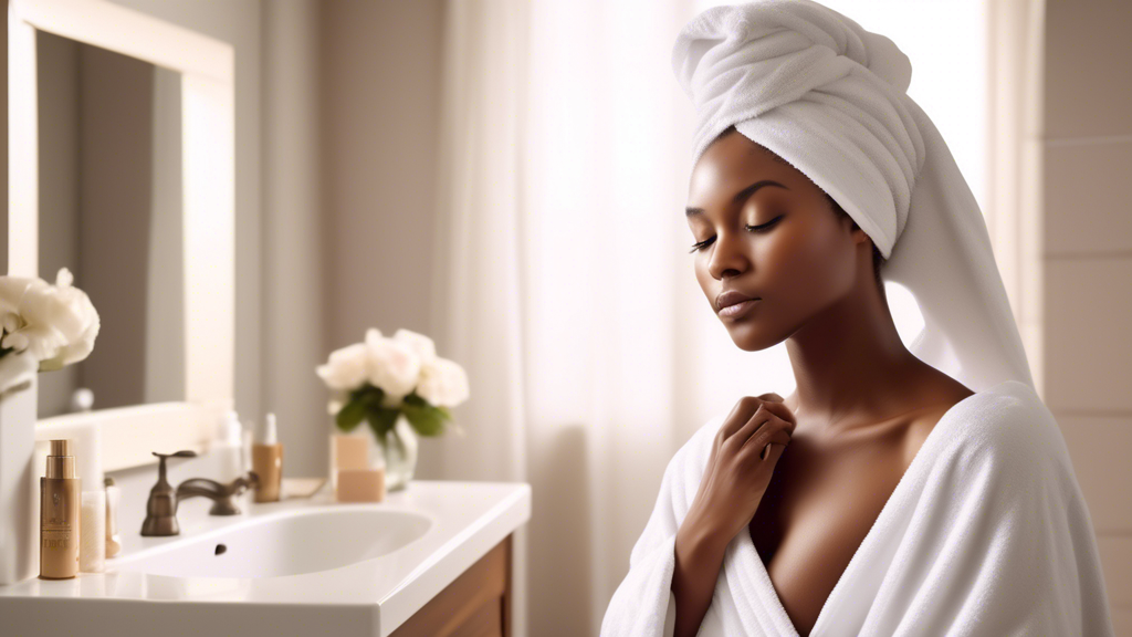 Create an image that depicts a serene bathroom scene with a person gently wrapping their hair in a luxurious silk hair towel. The setting should emphasize relaxation and self-care, with natural lighti