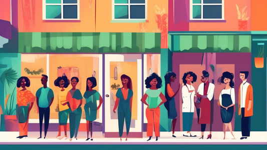 Create an illustration of a diverse group of happy people, each with stylish haircuts, standing in front of a row of charming and inviting small hairdressing salons. The salons have signs displaying a