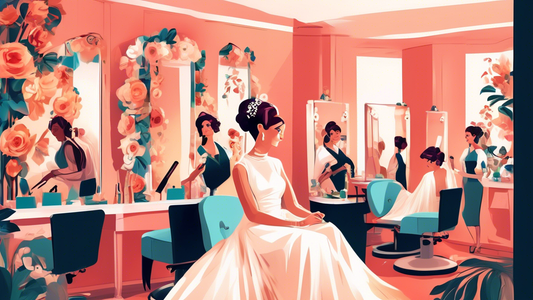 Create an image depicting a bride sitting in a stylish, upscale salon, surrounded by professional hairdressers working on an elegant bridal hairstyle. The scene should be vibrant and filled with vario