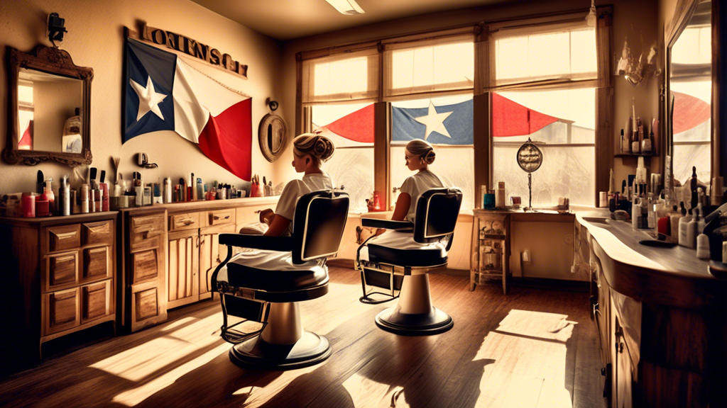 An elegant, vintage-style salon in Texas featuring classic beauty treatments, with a backdrop showcasing the Texas flag and rustic decor. A hairstylist wearing a Lone Star apron effortlessly working o