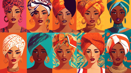 An illustration showcasing diverse turban styles for individuals with curly hair. The scene features people of various backgrounds and ethnicities, each wearing a unique and vibrant turban that comple