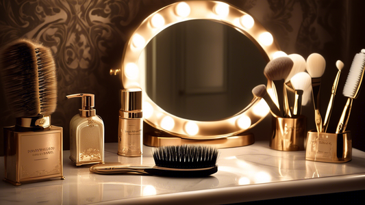 Create an image of a luxurious vanity set with a beautifully designed Mason Pearson Handy hairbrush prominently displayed. Surround the scene with elegant hair care products, a vintage mirror, and sof