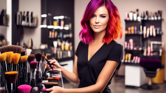 Create an image of a hairstylist in a chic salon setting, holding various hair coloring brushes with different bristle types and sizes. The stylist should be thoughtfully examining the brushes, showca