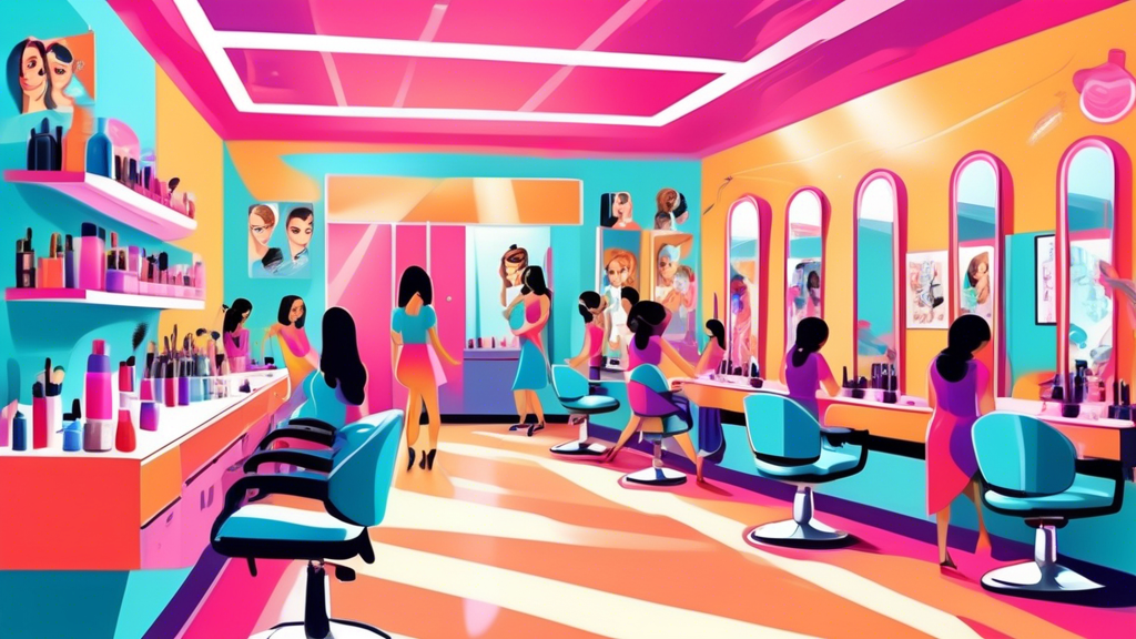 A vibrant, bustling beauty parlour training centre showcasing students learning various beauty techniques, with modern equipment and smiling instructors guiding them. The setting is welcoming and well