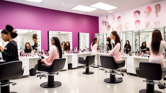 Create an image of a group of students in a modern, well-lit cosmetology classroom, practicing various beauty techniques on mannequins and live models. The setting should include makeup stations, hair