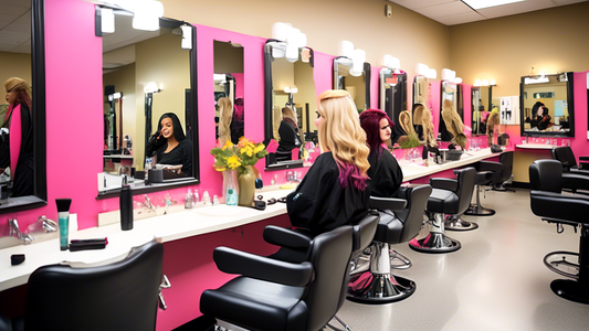 Create an image of a vibrant, bustling cosmetology classroom at WCTC filled with diverse students practicing various beauty techniques. Some students are styling hair on mannequins, while others are a