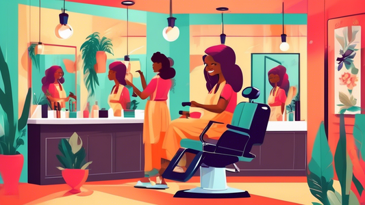 Create an image of a cozy and welcoming hair salon with a friendly hairdresser attending to a smiling customer. The salon should have modern decor, affordable pricing signs, and a few other clients be