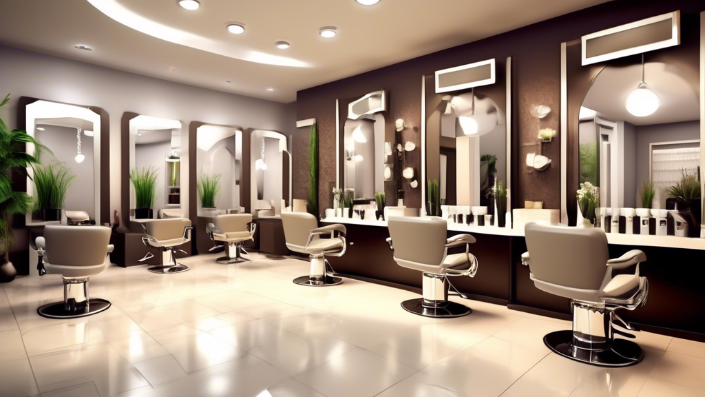 Create an image of a chic, modern hair salon bustling with activity. Include details such as stylish hairdressers working on clients' hair, a cozy waiting area with comfortable chairs and magazines, a