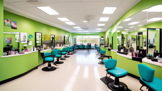 Create an image showing a vibrant community college campus with a modern cosmetology department. Include diverse students practicing hairdressing, makeup application, and nail art in well-equipped cla