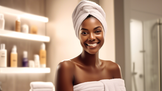 A close-up image of a woman with smooth, shiny hair wrapped in a stylish head towel wrap with a button closure. She is standing in a modern, elegantly designed bathroom, looking relaxed and happy. The