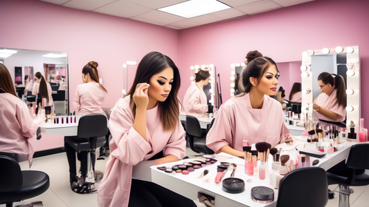 Create a vibrant and inviting classroom setting filled with beginner beauty students attentively learning various beauty techniques. The room should have makeup stations equipped with mirrors, brushes