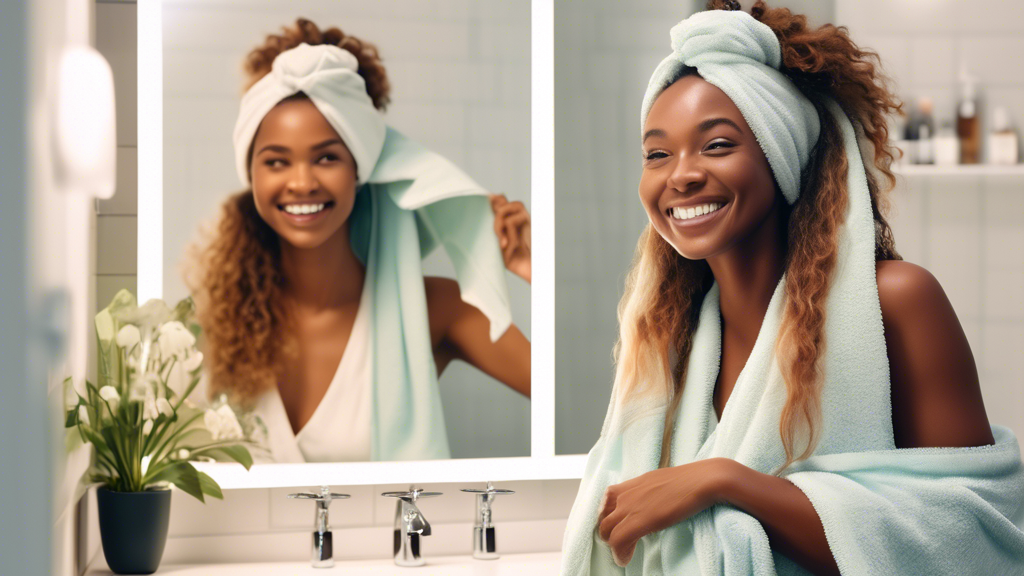 Prompt for DALL-E: A bright and inviting bathroom scene featuring a selection of luxurious hair towels designed for long hair. The towels are in various colors and textures, neatly displayed next to a